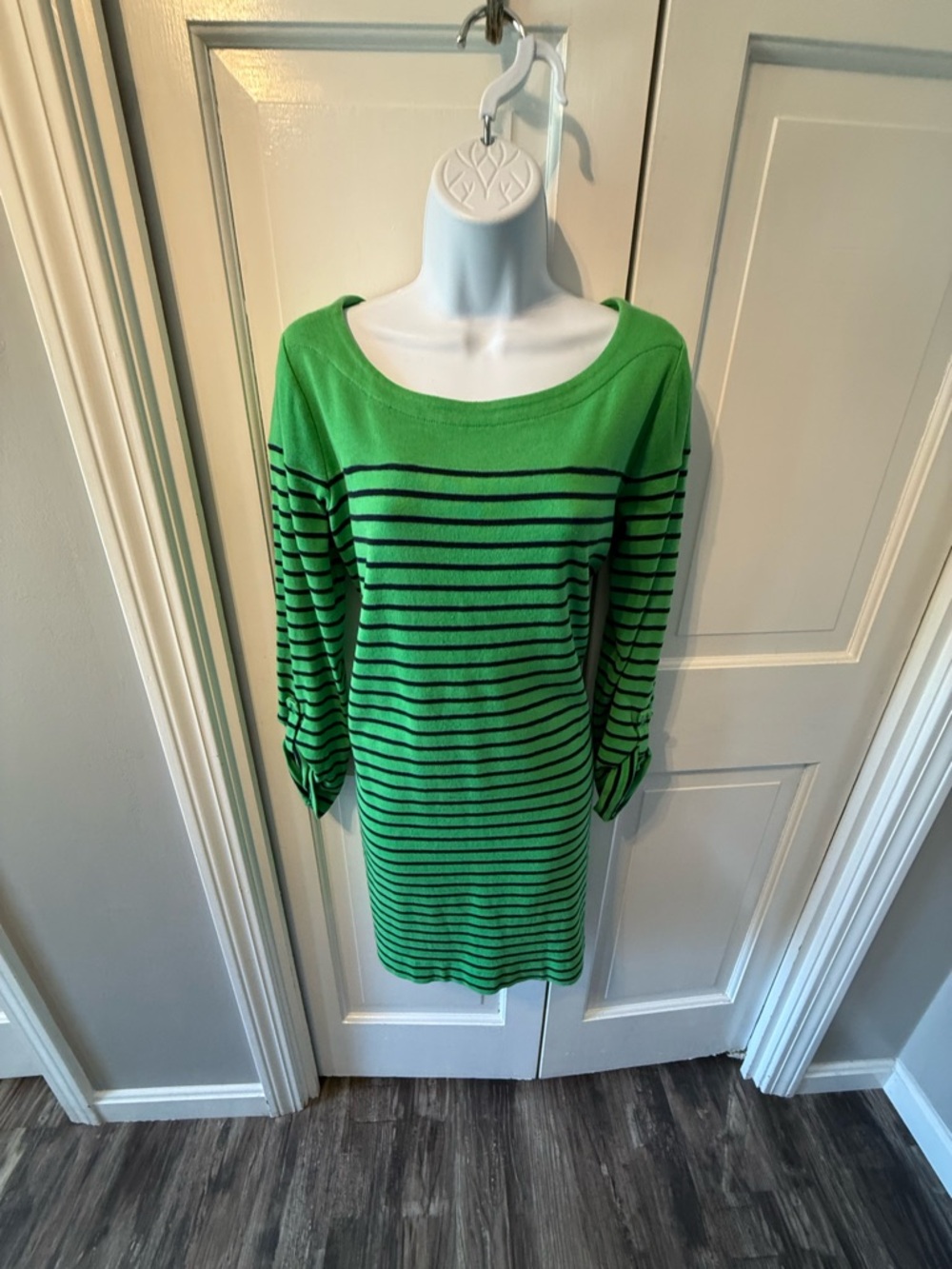 Jones New York Sport Green and Blue Striped Boatneck Sweater Dress
